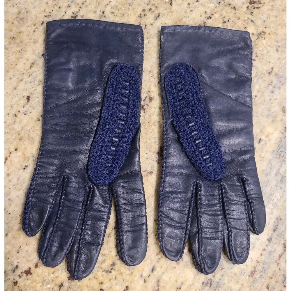 Vintage Size M 7 Blue Leather And Knit Handmade Gloves Hammer Of Hollywood